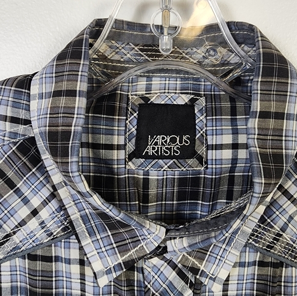 Various Artist Blue Black Plaid Snap Pearl Front Shirt, sz LG - Picture 2 of 10